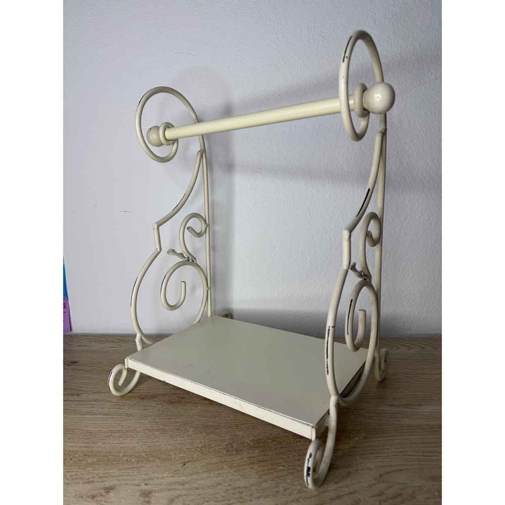 Vintage Cream Wrought Iron Scroll Paper Towel Holder Shabby Chic Kitchen Rack